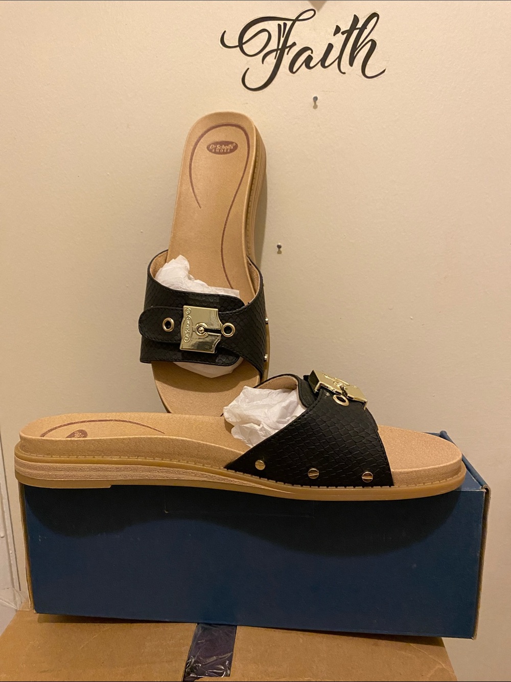 Dr. Scholl's Black Slide Mules with Gold Buckle